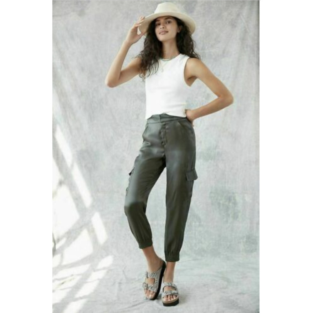 Anthropologie Shimmer Olive Green Cargo Pocket Elastic Waist Button+Fly Joggers